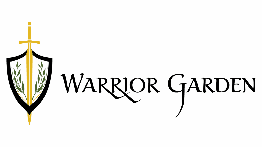 Warrior Garden logo: black shield with gold sword and green olive branches, symbolizing strength and growth through struggle.