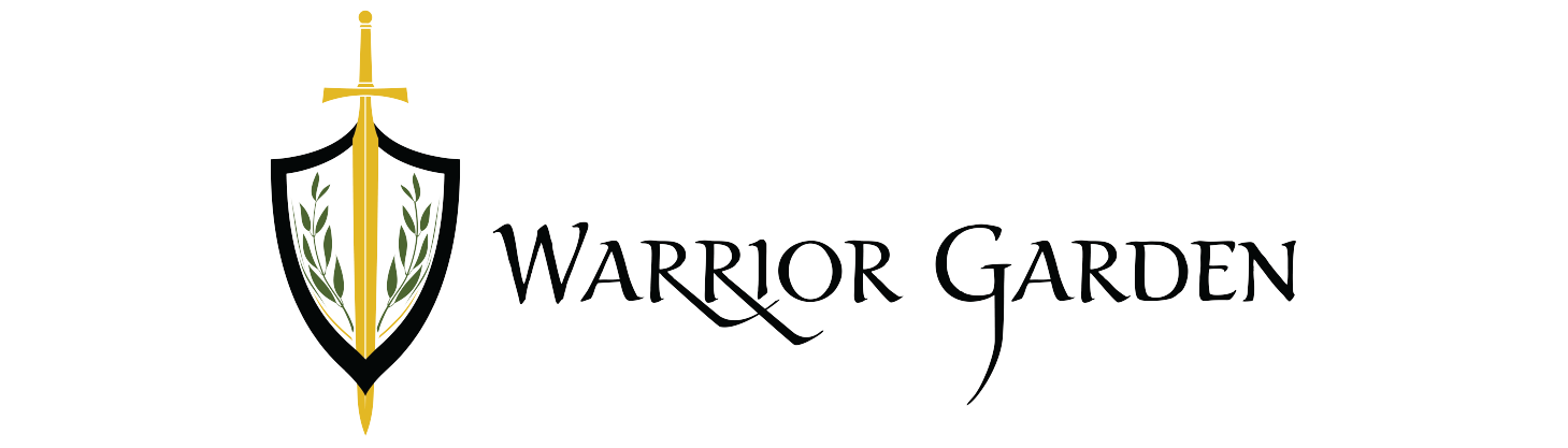 Warrior Garden logo: black shield with gold sword and green olive branches, symbolizing strength and growth through struggle.